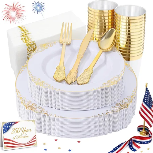 Nervure - 150 piezas de platos de plástico negro transparente con borde dorado y cubiertos de plástico dorado, desechables, para boda, fiesta,