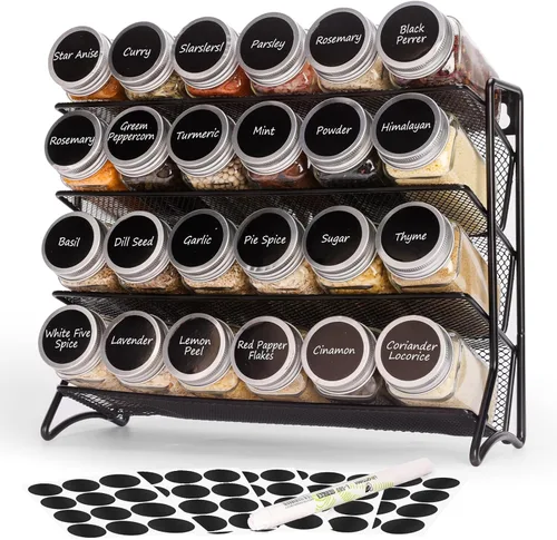 DIDITIME Organizador de especias con 24 tarros de vidrio y 60 etiquetas, organizador de condimentos de 4 niveles para gabinete, encimera, despensa o