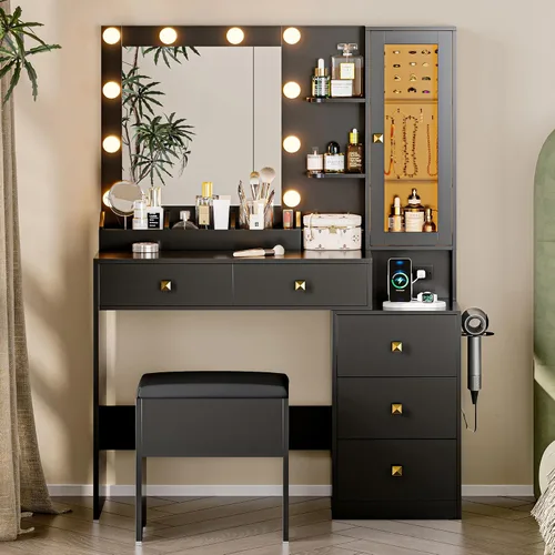 Escritorio de tocador con espejo y luces, tocador de maquillaje negro con 5 cajones, organizador de joyas oculto y gabinete de cristal LED, 3 modos