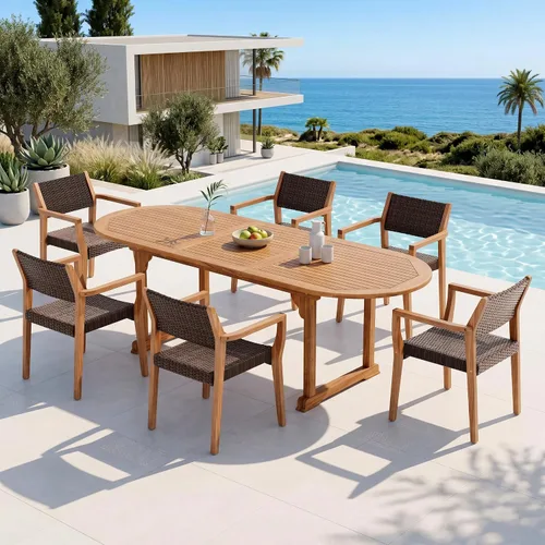 Miniatura 10 de PHI VILLA Juego de 2 sillas de madera de acacia para exteriores, sillones de comedor resistentes con respaldo y asiento de mimbre, muebles