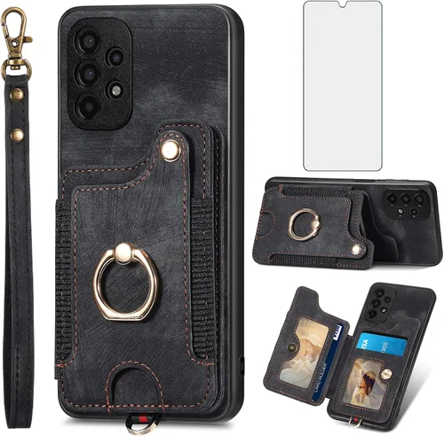 Asuwish Funda de teléfono para Samsung Galaxy A23 5G/4G Funda tipo cartera con protector de pantalla de vidrio templado y correa para la muñeca,