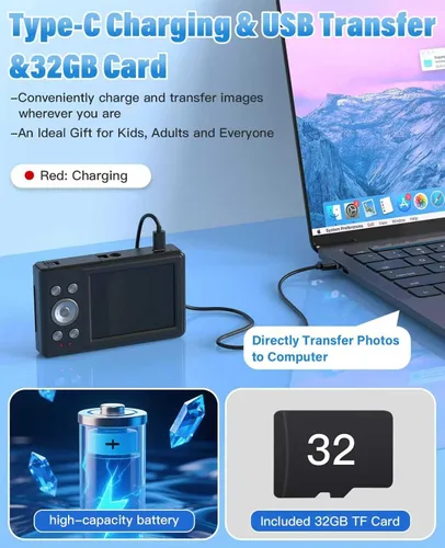Miniatura 5 de Cámara digital para niños, FHD 1080P 56MP con enfoque automático y disparo con 16X de zoom, tarjeta TF de 32GB, batería, flash, detección de rostro