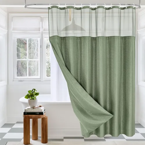 Miniatura 33 de MitoVilla Cortina de ducha pequeña beige de 36 x 72 pulgadas, juego de cortina de ducha de tela de punto gofre de tamaño medio estrecho con forro