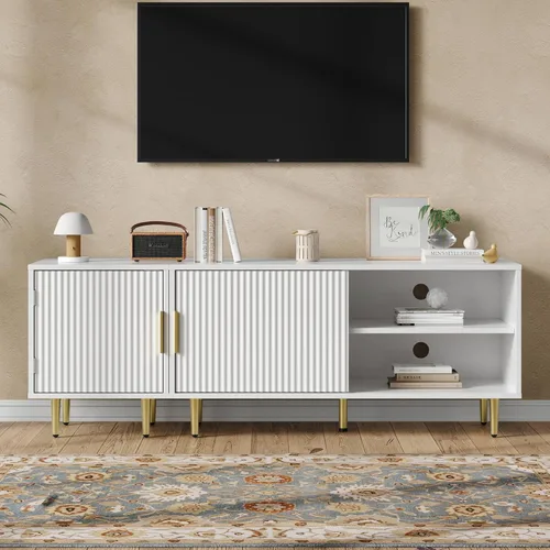 Miniatura 9 de Housoul Soporte de TV moderno combinado para TV de 55/60/65 pulgadas, pequeño centro de entretenimiento acanalado con estante ajustable, soporte