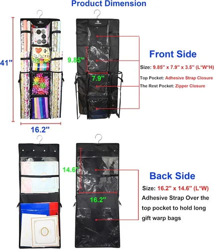 Miniatura 2 de Freegrace Organizador de papel de regalo colgante de doble cara – Bolsa grande de almacenamiento de papel de regalo de 16 x 41 pulgadas – Bolsa
