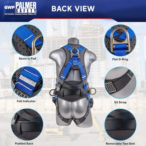 Miniatura 3 de Palmer Safety Kit de protección contra caídas, arnés de seguridad de 5 puntos, cordón de doble pierna de 6 pies, extensor de anillo en D de 18 Azul