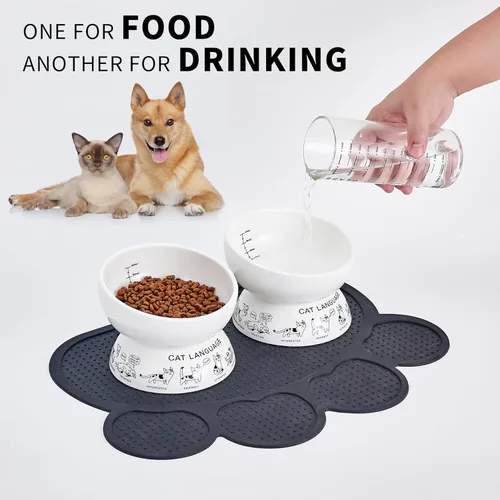 Miniatura 5 de Cuencos elevados de cerámica para gatos Cuenco elevado inclinado para alimentos y agua Cuenco pequeño para perros con alfombrilla de silicona