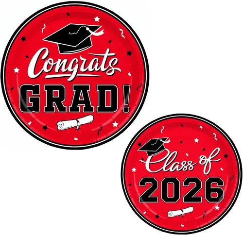 Miniatura 5 de Gatherfun suministros para fiesta de graduación 2022, para 25 comensales, vajilla roja y desechable de papel, con platos, servilletas, vasos, mantel