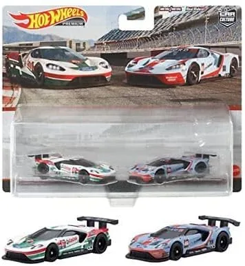 Hot Wheels HCY72 2016 GT Race #67 Blanco con rayas verdes y rojas y 2016 Ford GT Race #69 Azul claro metálico con rayas naranjas Car Culture Set de