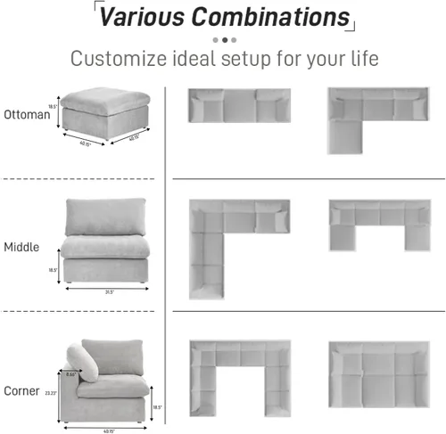 Miniatura 5 de Sofá seccional modular Cloud, sofá en forma de U con relleno de plumón para sala de estar, juegos de sala de estar de 8 plazas extragrandes