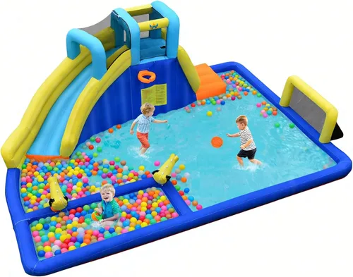 Miniatura 14 de BOUNTECH Tobogán acuático inflable, parque acuático para niños, castillo de salto de fútbol acuático con cañones dobles, piscina de salpicaduras