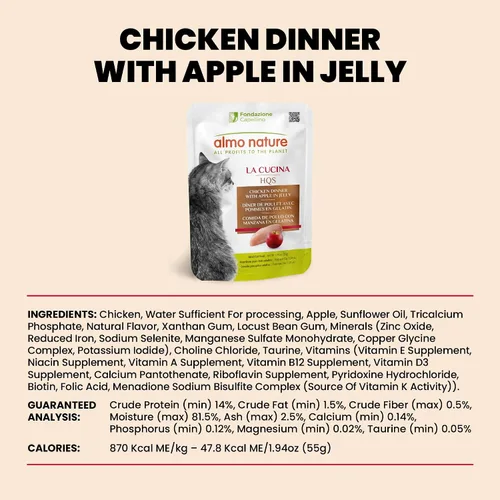 Miniatura 6 de almo nature HQS La Cucina - Pollo con manzana en gelatina, sin granos, sin aditivos, alimento húmedo para gatos adultos, rallado, bolsas, 24 x 55