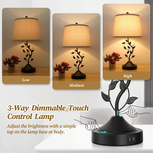 Miniatura 2 de Lámparas de mesa táctiles regulables de 3 vías para sala de estar, juego de 2 lámparas tradicionales para dormitorio con 2 puertos de carga USB