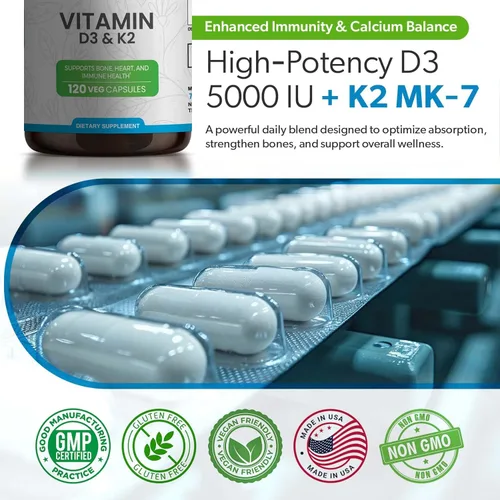Miniatura 4 de Suplemento de vitamina D3 K2 de 5000 UI (MK-7 90 mcg) – 120 cápsulas vegetales – Suplemento de vitamina K2 D3 para apoyo óseo, corazón e