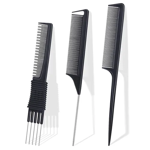 TsMADDTs Peines de cola de rata para mujeres y hombres, juego de 3 peines para trenzar, separar, peinar, dientes finos, color negro