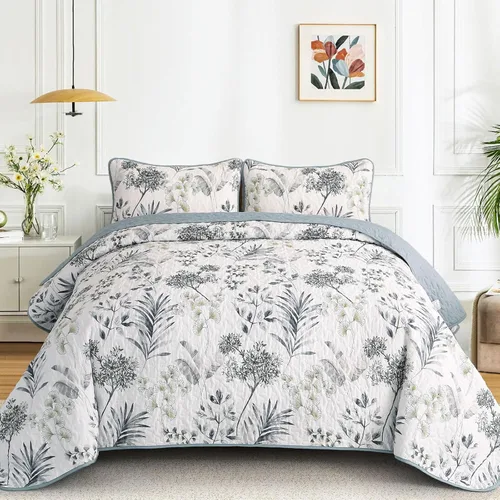 Miniatura 7 de Anibedding Juego de edredón azul tamaño King, 3 piezas reversible, elegante patrón de hojas botánicas azules, colcha de microfibra suave para toda