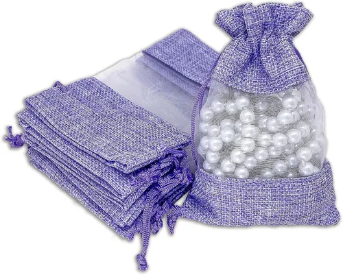 Miniatura 7 de Paquete de 12 bolsas de regalo medianas de lino, arpillera y organza con cordones (5 x 7 pulgadas, blanco) - Bolsa de malla para recuerdos