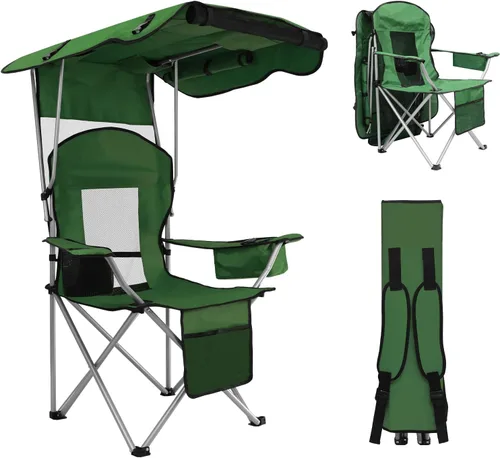 Miniatura 11 de Silla de camping BDL con toldo plegable portátil, sillas de playa con enfriador, respaldo de malla, portavasos y bolsillo para acampar, pesca, playa