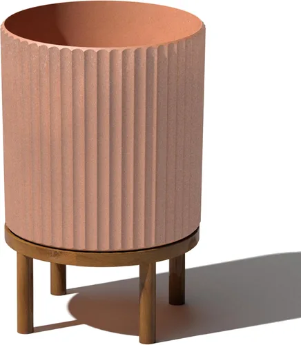 Miniatura 24 de Veradek Demi Series - Maceta redonda con soporte para porche o patio, compuesto de piedra de plástico duradero y soporte de madera, decoración