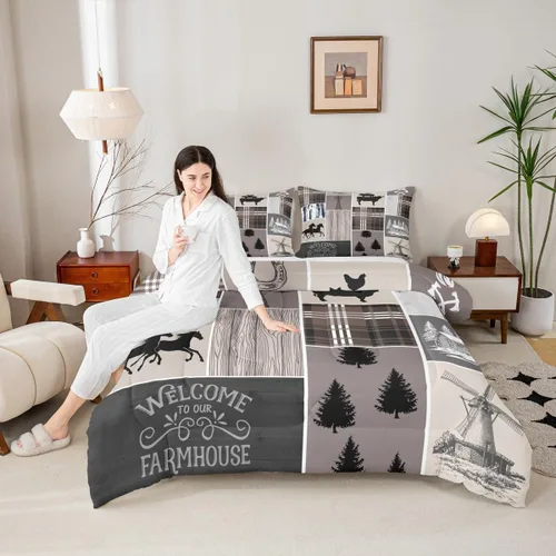 Miniatura 180 de Juego de edredón de oso y ciervo, tamaño individual, ropa de cama de animales salvajes de caza, colcha rústica de cabaña, casa de campo, cuadros