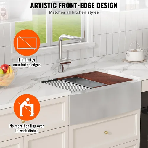 Miniatura 7 de VEVOR Fregadero de Cocina Farmhouse, Fregaderos de Sobreponer de Acero Inoxidable 304, Lavabo Individual de Montaje Superior con Reborde