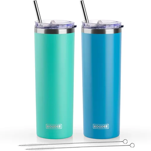 Miniatura 60 de Koodee - Vaso delgado de acero inoxidable de 20 onzas (4 unidades) aislado con doble pared, vaso de agua con 4 tapas, 4 popotes y 2 cepillos