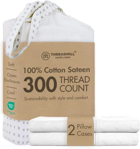 Miniatura 20 de Threadmill Home Linen Bedding - Juego de sábanas de 300 hilos, 100 % algodón, juego de cama de lujo, 4 piezas, tejido de satén suave, color blanco