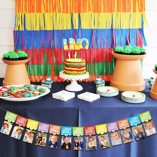 Miniatura 6 de Cartel de fotos de fiesta mexicana para el primer cumpleaños, papel picado UNO, cartel de fotos mexicanas para fiesta, pancarta mensual para bebé