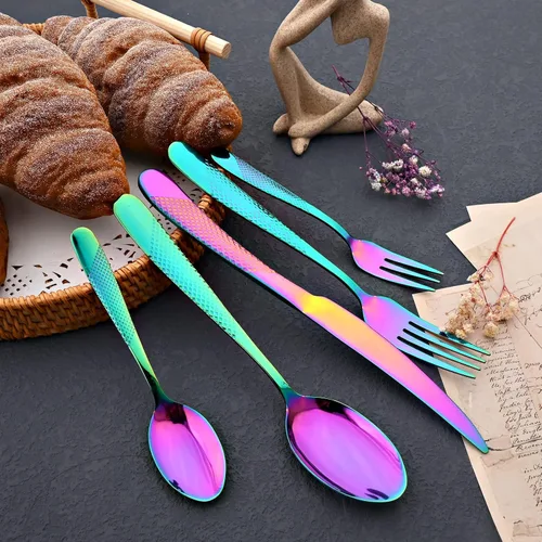 Miniatura 4 de JASHII Rainbow - Juego de cubiertos martillados, 20 piezas de utensilios de cocina de acero inoxidable de alta calidad, para 4, incluye tenedor