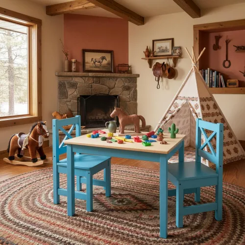 Miniatura 7 de PETIT BATEAU Juego de mesa y 2 sillas de madera maciza para niños, diseño irlandés Montessori Modern AMMEHOELA para niños de 2 a 8 años, azul