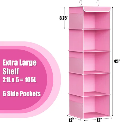 Miniatura 3 de Simple Houseware Organizador de armario colgante de 5 estantes, color rosa
