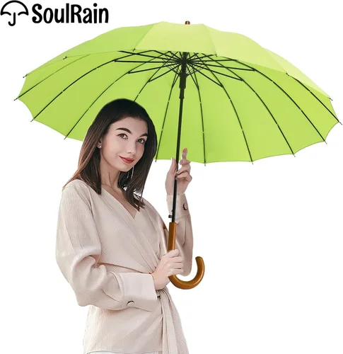 Miniatura 37 de SoulRain Paraguas de palo de 16 varillas de 48 pulgadas, apertura automática, color sólido, moderno y simple, mango de madera clásico de arco