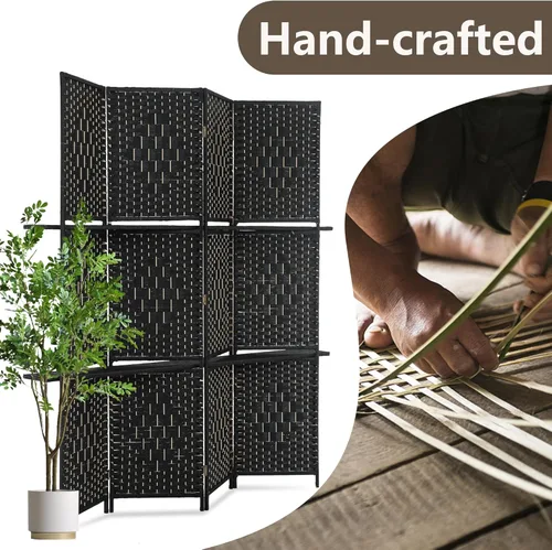 Miniatura 4 de Divisor de habitación de 4 paneles, divisor de pantalla de madera plegable, separador de partición de madera con estantes de almacenamiento
