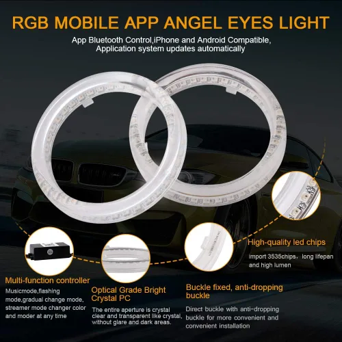 Miniatura 3 de Qasim 1 par de anillos de halo LED RGB de 80 mm con 30 SMD 3535, ojos de ángel para motocicleta y coche, luz DRL, luz antiniebla, señal de giro