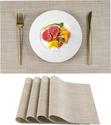 Juego de 4 manteles individuales de vinilo de plástico tejido beige y amarillo para decoración de mesa de comedor, resistentes al calor,
