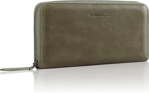 VISOUL Cartera larga de cuero con cremallera para hombres y mujeres con bloqueo RFID, cartera larga de embrague grande con cremallera, Verde oliva,