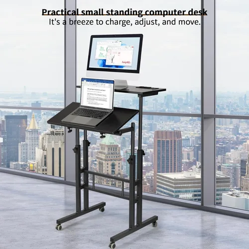 Miniatura 7 de Hadulcet Escritorio móvil de pie con estación de carga, escritorio ajustable para computadora de pie, carrito ajustable para laptop con ruedas