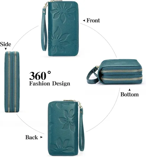 Miniatura 8 de GOIACII Cartera de mujer de gran capacidad con doble cremallera para mujer, soporte para teléfono con bloqueo RFID, correa de cuero, A02 Verde