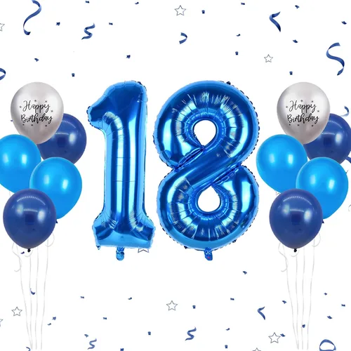 Globos azules del número 18 de 40 pulgadas, globos de cumpleaños de 18 años, globos de látex azul claro y azul oscuro con impresión plateada de