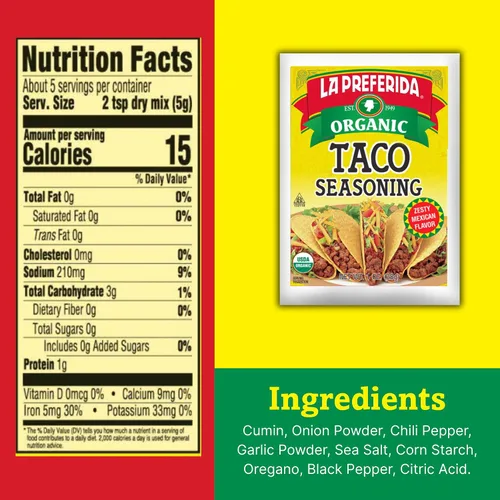 Miniatura 2 de La Preferida Condimento orgánico para tacos (mezcla de especias mexicanas hecha a mano por el chef) comino, pimentón, ajo – Certificado USDA, sin