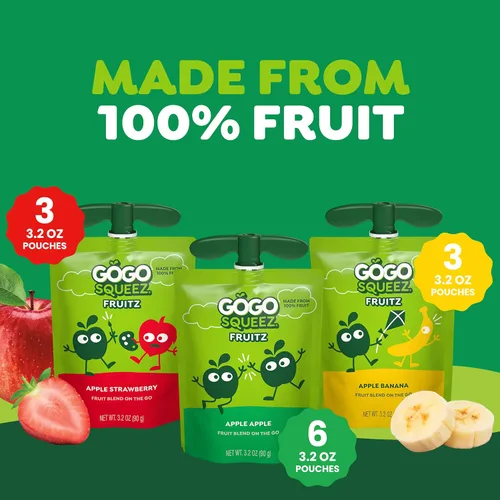Miniatura 6 de GoGo squeeZ Puré de manzana y puré de frutas, manzana, fresa y plátano, 3.2 oz (paquete de 12), aperitivos de frutas sin azúcar para niños, sin