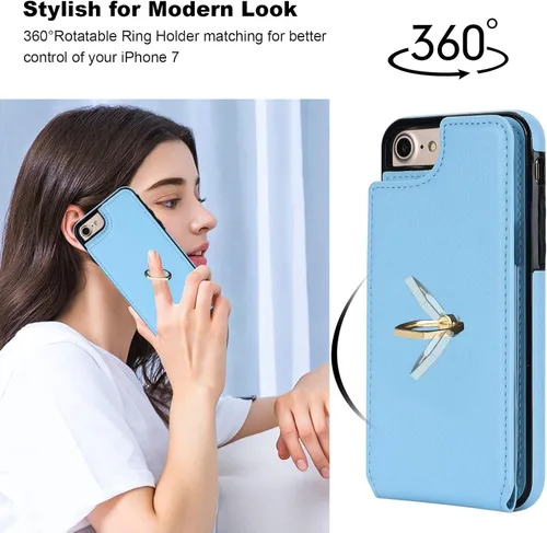 Miniatura 3 de Folosu Funda tipo cartera para iPhone SE (2022) iPhone SE (2020) iPhone 7/8 con soporte para tarjetas, soporte de anillo de rotación de 360°, Azul