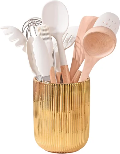 Miniatura 9 de Soporte para utensilios de cerámica para encimera de cocina, soporte dorado para encimera, 5.1 pulgadas de ancho x 6.6 pulgadas de alto