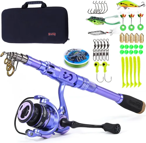 Sougayilang Fishing Rod and Reel Combos Carbon Fiber Telescopic Fishing Pole with Smooth Reel Combo Saltwater Freshwater Kit Kit Completo Púrpura