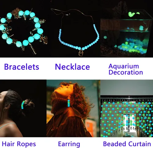 Miniatura 6 de TWINKLING Cuentas que brillan en la oscuridad, piedras solares luminosas, cuentas redondas brillantes con agujero para manualidades, pulseras, Azul