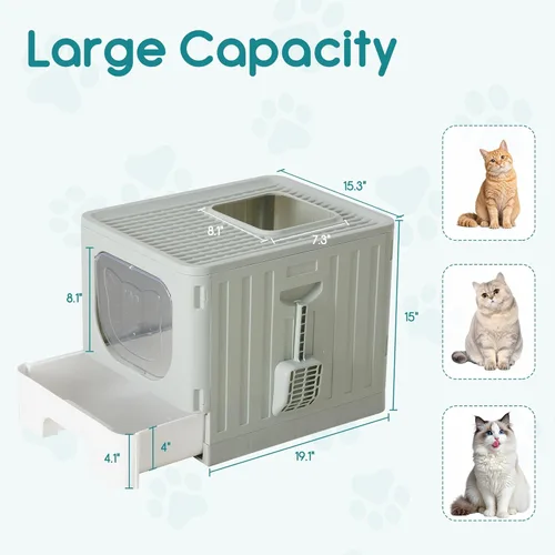 Miniatura 2 de OLIXIS Caja de arena para gatos con tapa, caja grande plegable para gatos con cuchara de arena, caja de arena para gatos con salida superior