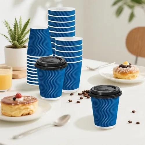 Miniatura 6 de Clawsoff Paquete de 100 tazas de café con tapas, de 8 onzas, desechables, aisladas, onduladas, para bebidas frías/calientes, oficina, hogar, tienda