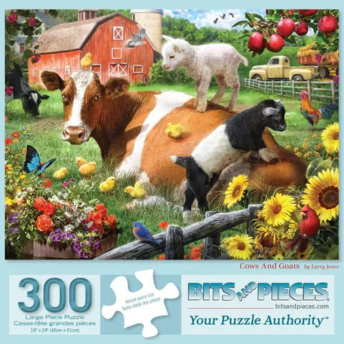 Bits and Pieces - Rompecabezas de 300 piezas para adultos - Vaca y cabras - Rompecabezas de granja de piezas grandes de Larry Jones - 18 x 24