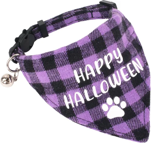 Miniatura 2 de ADOGGYGO Collares de gato de Halloween separables con campana, paquete de 2 collares ajustables de cuadros naranja y morado de Halloween para gatos