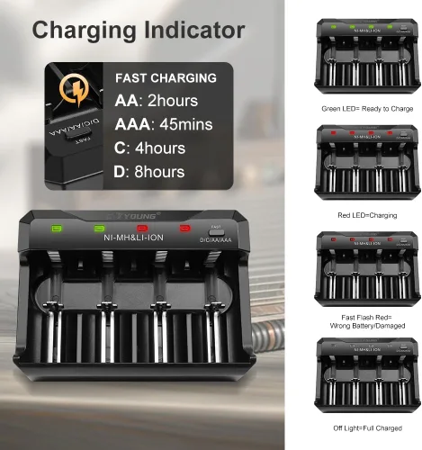 Miniatura 2 de Baterías recargables C 1.5V 4 paquetes con cargador de batería universal Litio USB, 5500 mWh, compatible con pilas AA AAA C D